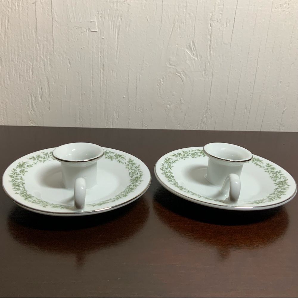 Vintage Mikasa Montclair Taper Candlestick Holders Finger Loop Green Floral - Picture 4 of 8